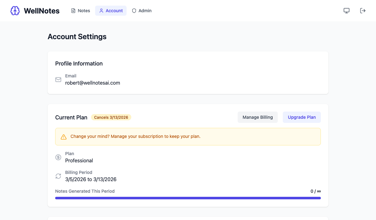 WellNotes WellNotes Account Settings, Plans & Billing Management — clinical documentation interface for therapists