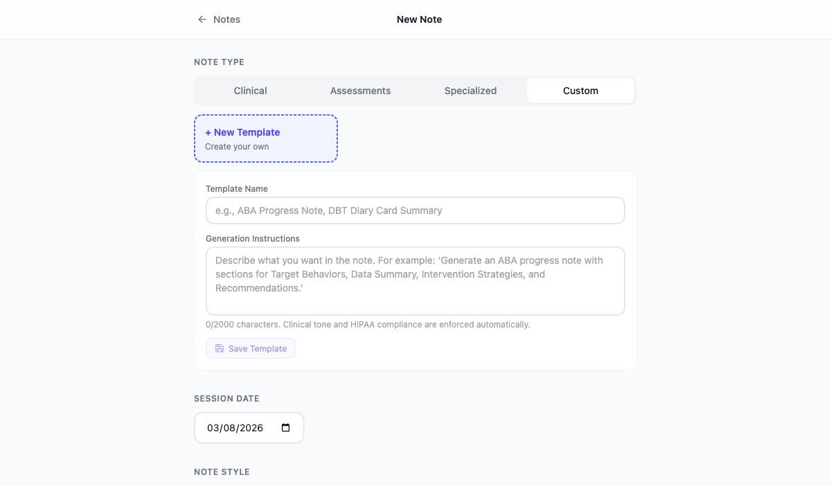 WellNotes Custom Clinical Note Templates for Your Practice — clinical documentation interface for therapists