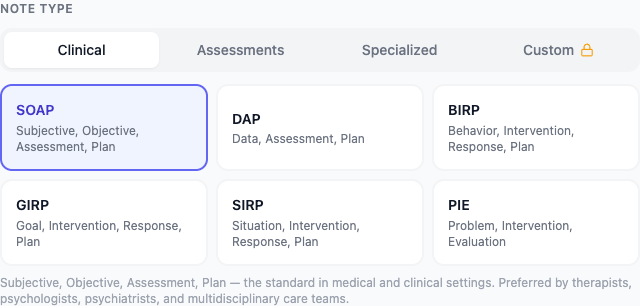 WellNotes Clinical Note Templates: SOAP, DAP, BIRP & More for Therapists — clinical documentation interface for therapists